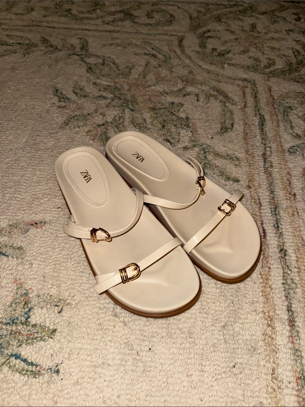 ZARA White Slide Sandals with Gold Buckles